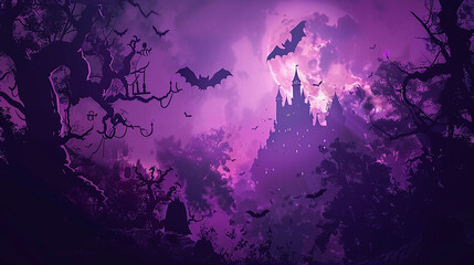 Halloween illustration with copyspace. Melted space for creative design. Liquid drop flows on halloween loop animation. Mystic pumpkins, ghost and castle in forest. Black bats flying