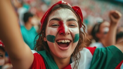 A happy fan at a public event in a stadium, holding an Italian flag with a smile and making a gesture, while enjoying the fun and leisure with a cheering crowd. AIG41