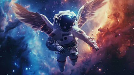 Fototapeta premium Astronaut with wings soaring through the galaxy