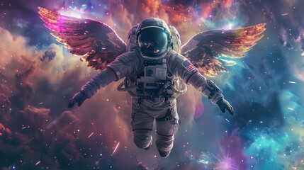 Fototapeta premium Astronaut with wings soaring through the galaxy