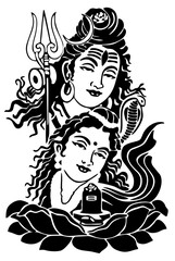 A closeup of the face of the Hindu god Lord Shiva with his wife Parvati vector designed in black and white