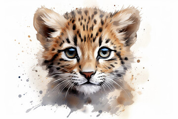 Fototapeta premium Stunning digital illustration of a leopard kitty portrait with watercolor spots, capturing the beautiful expression and features.