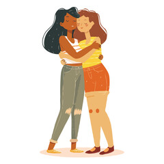 two girls hugging, Hand drawn illustration for the International Friendship Day celebration On a white background