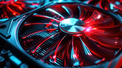 Close-up of a Red and Blue Graphics Card Fan