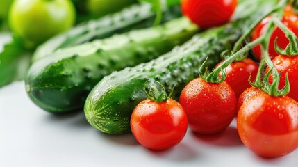 Cucumbers and cherry tomatoes white background captured in close up