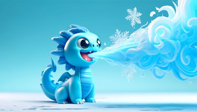A cartoon dragon in a cool blue color, exhaling a gust of icy blue breath, creating frost patterns on the ground.