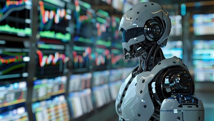 Fototapeta premium Robot in armor standing in front of wall of monitors displaying graphs