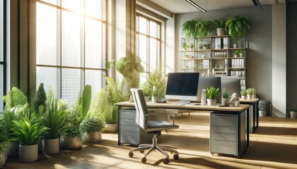 Modern Home Office with Green Plants and Natural Light