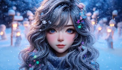 A snowy scene where a character’s hair is dusted with fine snowflakes, with icy blue highlights and soft, glowing snow creatures around.