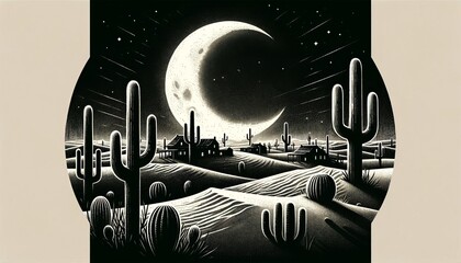 A desolate desert town with cacti silhouettes set under a large crescent moon that casts a soft light over the sandy landscape.