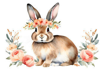 A charming watercolor illustration of a bunny adorned with a floral crown, surrounded by delicate flowers.