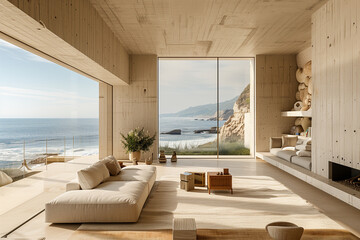 Serene beachfront villa interior in Malibu, USA with minimalist design, featuring driftwood textures, intricate details, and a clutter-free aesthetic for a tranquil and elegant coastal living experien