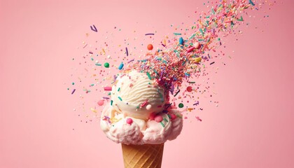 A close-up image of a scoop of vanilla ice cream with colorful sprinkles flying around it, set against a pastel pink background to enhance the playful.