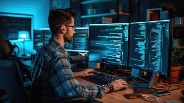 A software developer works on code late into the night, illuminated by the glow of multiple computer screens in a modern office. AIG41