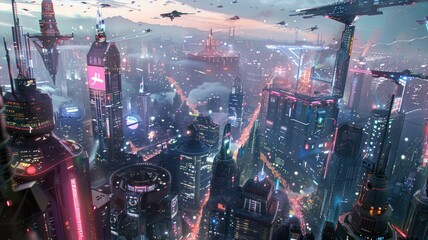 In a futuristic city, envision flying ships, distant planets, advanced tech, neon lights, all under a breathtaking sky AIG59