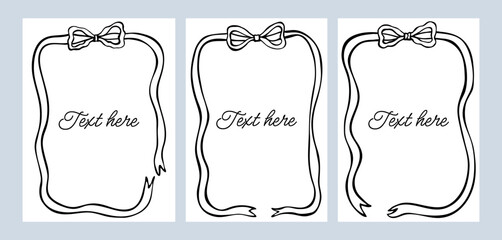 Hand drawn black frames with cute bow isolated on background. Set bow frames template with space for text. Vertical square wave border frame card.