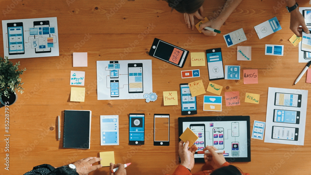 Poster top view of smart software developer working together to plan ux ui design. group of startup people 