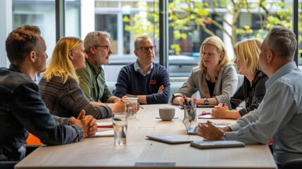The photo shows a group of people of different ages sitting around a table and discussing something. They all look engaged in the conversation.