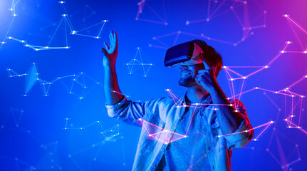 Smart man looking data or connecting with big data or virtual reality by using goggle or VR headset. Caucasian person exploring metaverse world and touching simulated program. Technology. Deviation.