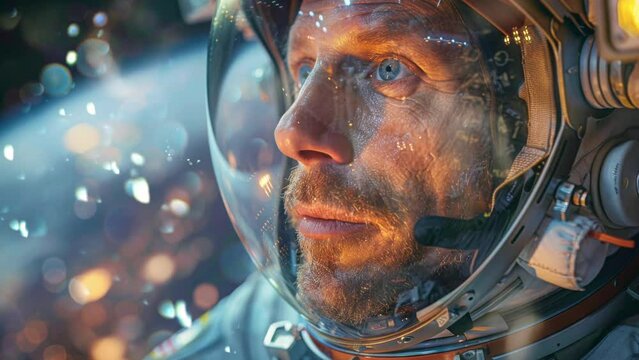Caucasian male astronaut looking at the earth through the window of a space rocket ship in outer space