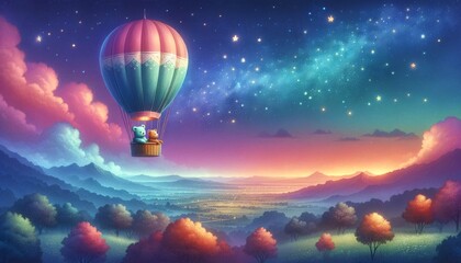 Obraz premium A whimsical scene of a bear and frog in a hot air balloon floating gently in a sky that transitions from pink to dark blue, filled with twinkling star.