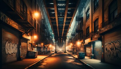 Urban alleyway at night with vibrant street art and atmospheric lighting