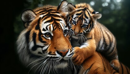 Fototapeta premium A close-up of a Siberian tiger and its cub, capturing a tender moment with the cub playfully climbing over its parent.