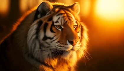 Obraz premium A close-up of a Siberian tiger during sunset, with the golden light illuminating its orange fur and creating a warm glow around the edges.