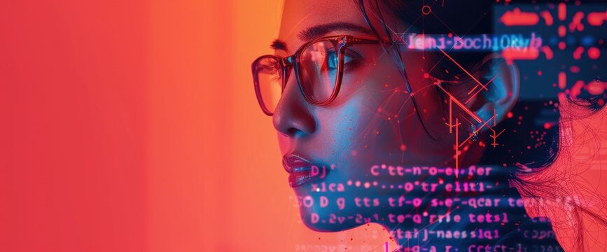 Close-up portrait of a young woman wearing glasses with a binary code pattern overlay. - Powered by Adobe