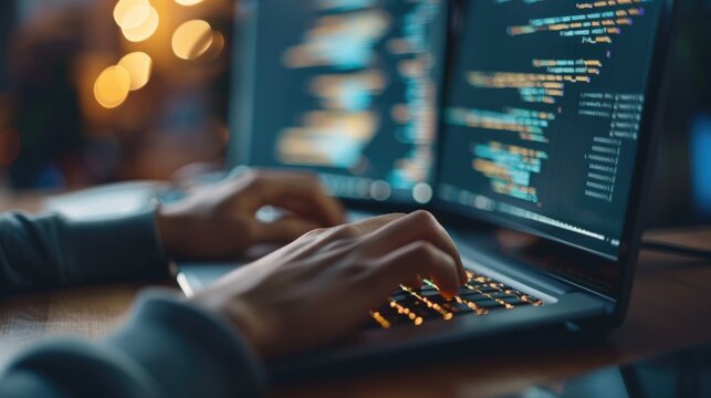 Close-up of a programmer's hands typing on a backlit keyboard, with lines of code displayed across multiple computer screens. AIG41