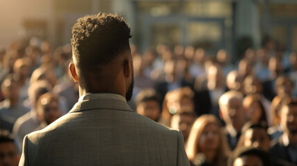 Confident Speaker Addressing a Large Audience Outdoors