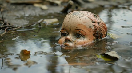 A filthy decapitated doll s head drifts in the water