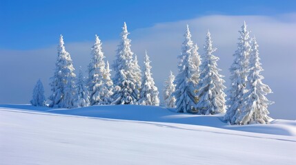 A serene winter landscape shows majestic conifer trees blanketed in snow with a clear blue sky and untouched snow in the foreground