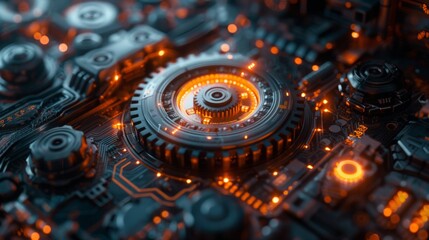 technology evolution with an image that combines traditional elements with futuristic tech symbols. Integrate classic gears transitioning into sleek, modern circuitry