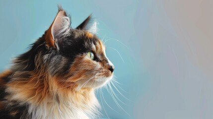 Calico or torbie cat with long hair on light blue background