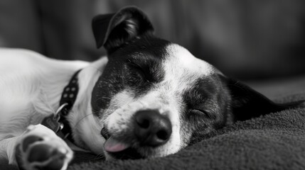 Black and white sleeping dog with its tongue hanging out