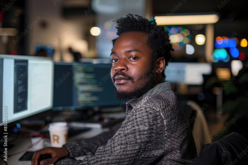 Poster in a modern office, a young coder is intensely focused on coding, with multiple screens in front of 