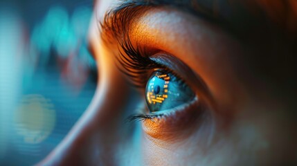 Close up of businesswoman eye with financial graph reflecting in eye. Attractive woman looking financial and marketing data with stock market chart or increasing sales graph reflect in the eye. AIG42.