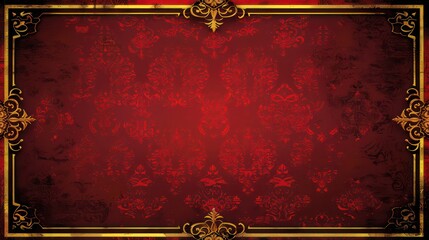 Vintage-style wallpaper design featuring ornate gold damask patterns on a rich red background with a distressed look