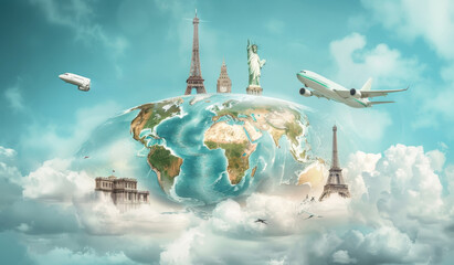 Obraz premium A globe with a plane flying over it and a statue of a woman on top by AI generated image