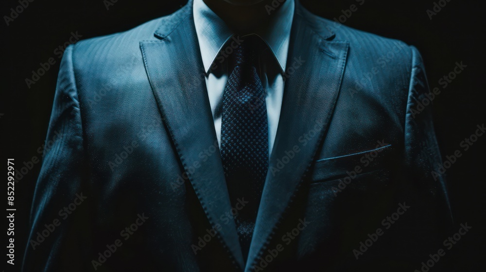 Wall mural A detailed close-up shot captures a man wearing a dark suit, tie, and white shirt, implying professionalism and formality