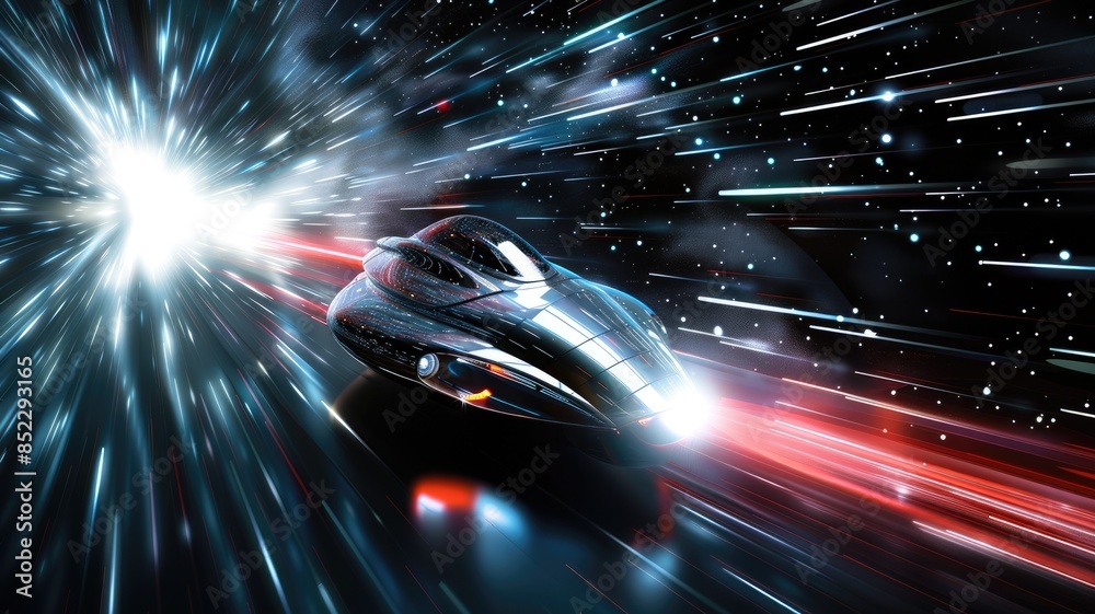 Wall mural spaceship flying through space with stars and galaxies in the background. concept of space explorati