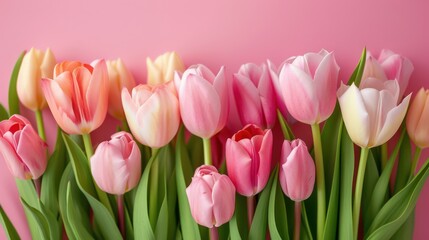 Fototapeta premium A refreshing display of pink and peach tulips arranged against a solid pink backdrop, symbolizing spring and renewal