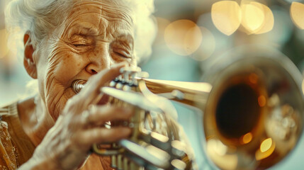Elderly Woman Playing a Trumpet with Bokeh Lights in the Background