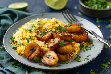 Fototapeta premium A plate of vibrant orange rice, sautéed in canola oil and served with golden brown fried plantains. The dish is set against an isolated dark background,