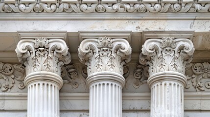 Fototapeta premium Detailed image showing three Corinthian columns with ornate capitals and intricate carvings, symbolizing classical architecture