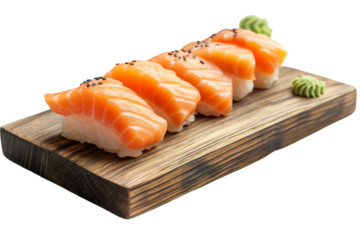 Salmon Nigiri Sushi on a Wooden Board Isolated on Transparent Background, cut out. PNG