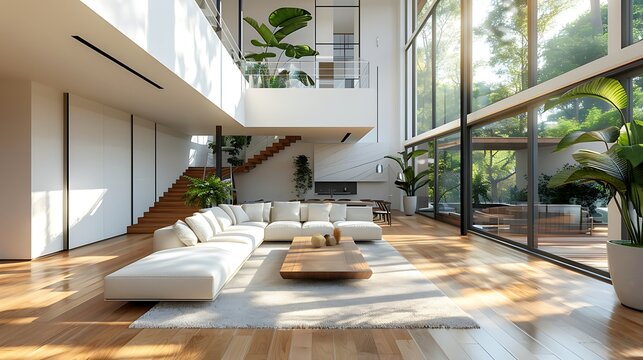 Villa living room, double height space with floortoceiling windows on the right side and wooden staircase to second story in left corner. Modern white sofa facing large coffee table near window.