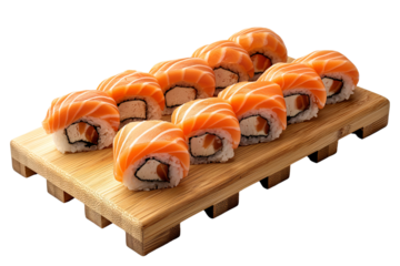 Salmon Nigiri Sushi on a Wooden Board Isolated on Transparent Background, cut out. PNG