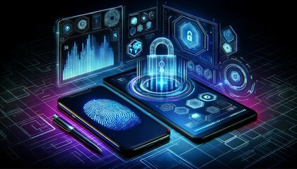 Fototapeta premium Digital security concept with fingerprint and mobile technology